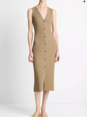 Vince Ribbed Cotton-Blend Button-Front Dress, M